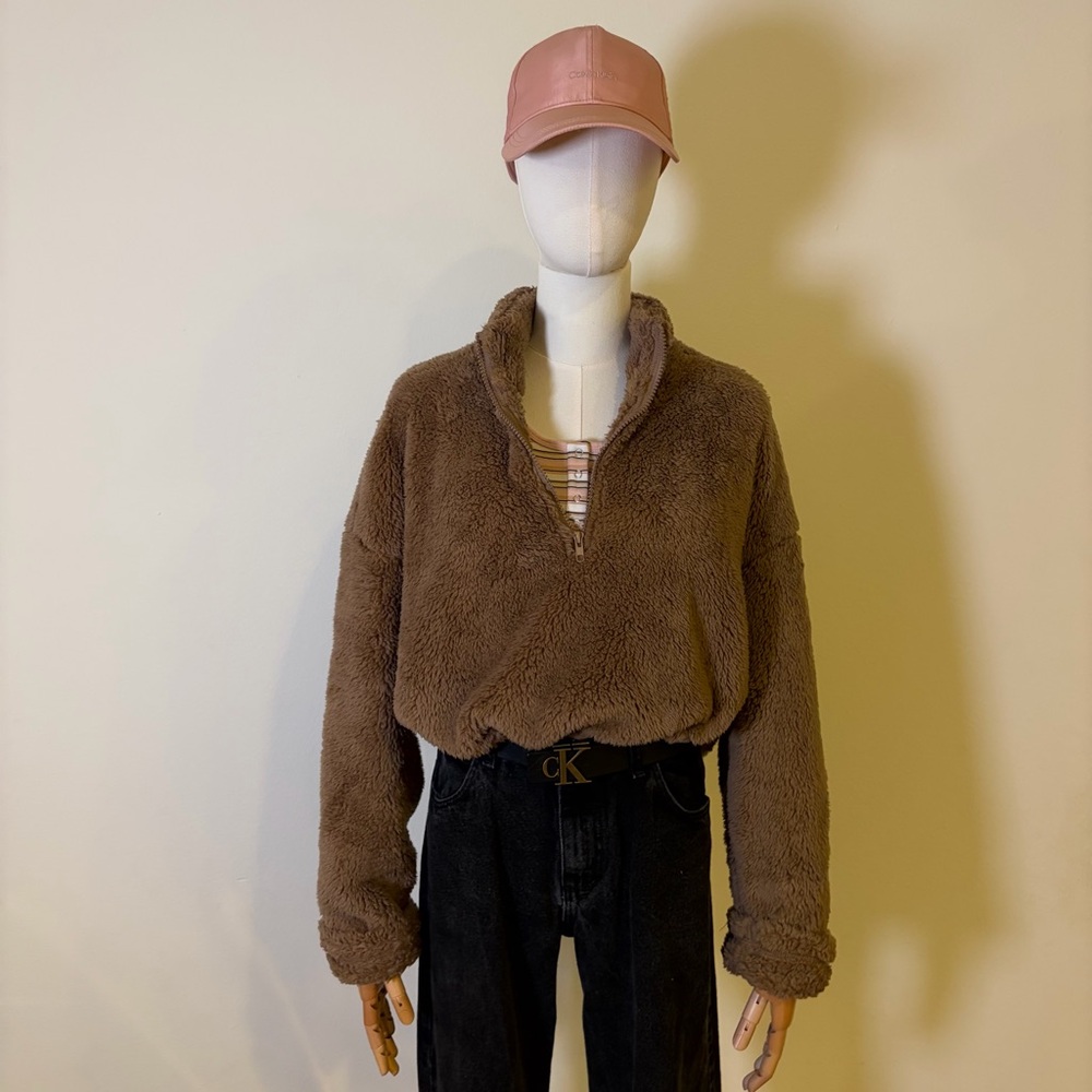 William B Teddy Fleece 1/2 Zip Pullover Drawstring Crop Jacket | Size M | NWOT